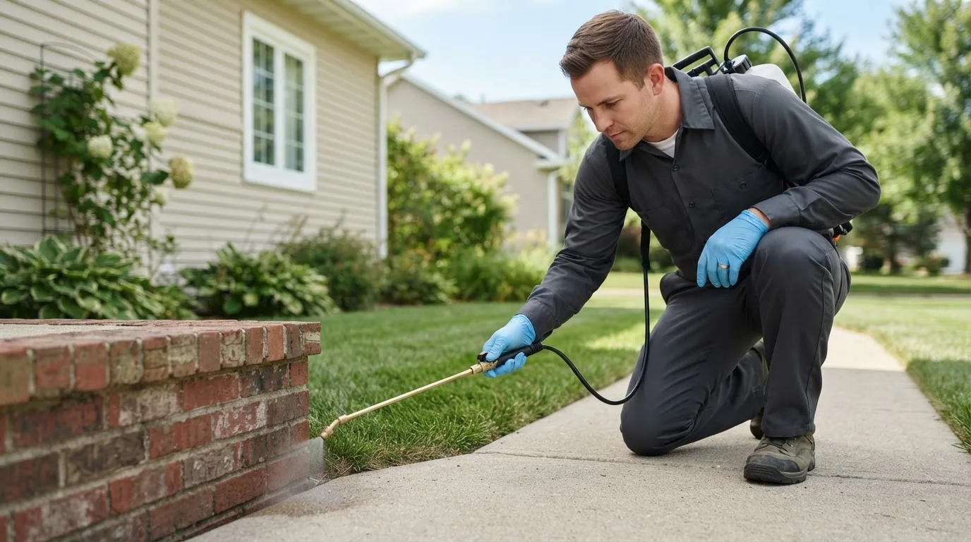 Pest control technician treating a home near Lawler, IA