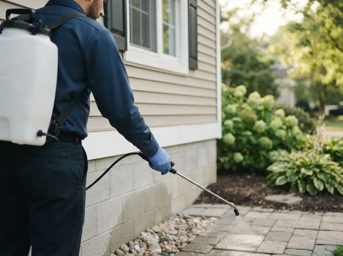 Pest control technician inspecting a home in Lawler, IA